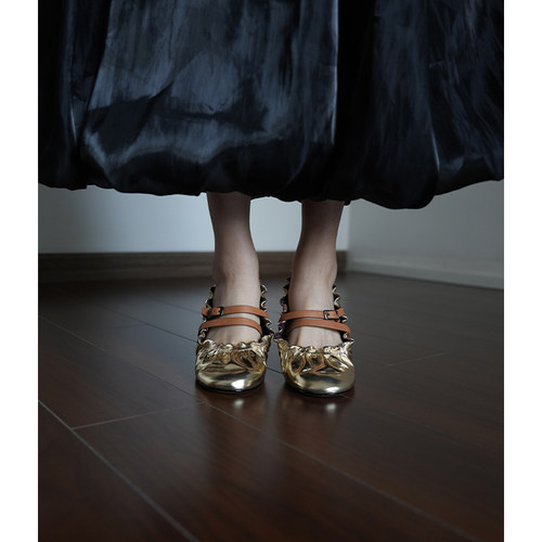 Fermina圆头金色玛丽珍鞋女平底鞋低跟一字扣简约舒适浅口单鞋红