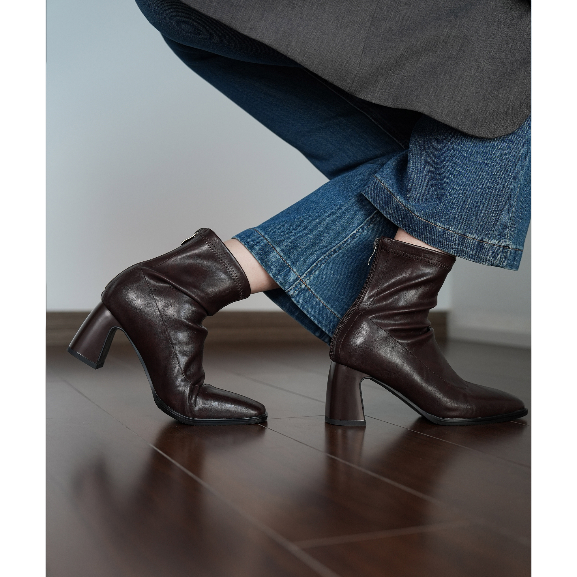 Fermina 方头弹力瘦瘦靴女粗跟高跟短靴简约通勤黑色女靴子上班靴