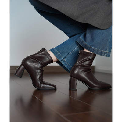 Fermina 方头弹力瘦瘦靴女粗跟高跟短靴简约通勤黑色女靴子上班靴