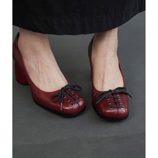 Fermina 方头浅口单鞋女粗跟高跟鞋真皮通勤女鞋春季新款中古女鞋