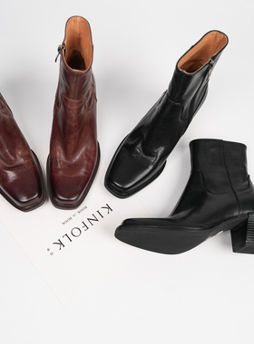 Fermina 通勤静音短靴女粗跟高跟女鞋新款裸靴法式时装靴子马丁靴