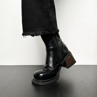 Fermina 圆头粗跟短靴女秋冬宽胖脚女靴小个子百搭厚底弹力瘦瘦靴