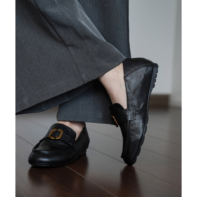 Fermina 牛皮乐福鞋女平底软面透气吸汗一脚蹬单鞋黑色体制上班鞋