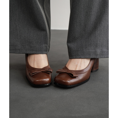 Fermina 蝴蝶结方头浅口高跟鞋女粗跟复古风通勤单鞋真皮简约女鞋