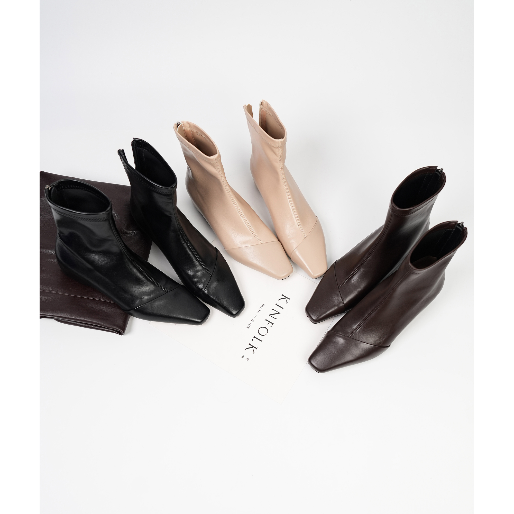 Fermina 方头拼接弹力短靴女2025新款平底坡跟瘦瘦靴通勤大码女靴