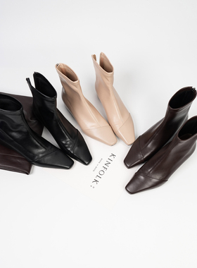 Fermina 方头拼接弹力短靴女2025新款平底坡跟瘦瘦靴通勤大码女靴