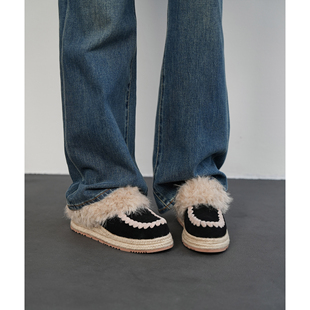 Fermina 新款毛毛拖鞋女加绒平底厚底草编包头拖小个子增高渔夫鞋
