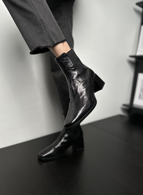 Fermina 【拉链版】黑色粗跟短靴女方头切尔西靴全皮2023秋冬高跟