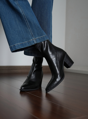 Fermina 复古尖头短靴女粗跟高跟西部靴新款通勤女靴子黑色瘦瘦靴