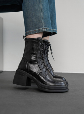 Fermina 圆头系带马丁靴女粗跟增高弹力瘦瘦靴2025新款高跟短靴子