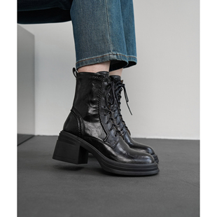 Fermina 高跟短靴子 圆头系带马丁靴女粗跟增高弹力瘦瘦靴2025新款