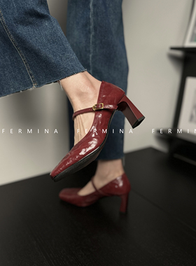Fermina 复古方头浅口单鞋女车厘子红玛丽珍鞋2024新款粗跟高跟鞋
