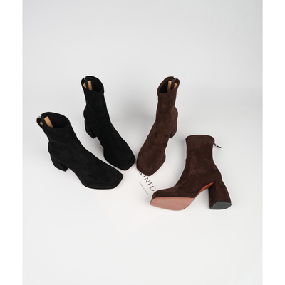 方头黑色高跟短靴通勤风女靴