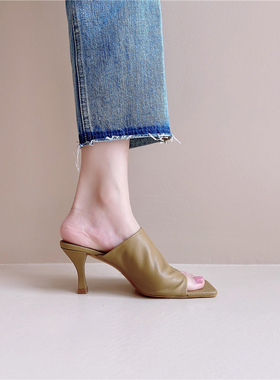 Fermina 超软细跟一字带高跟拖鞋女全皮夏季新款方头简约时尚凉拖