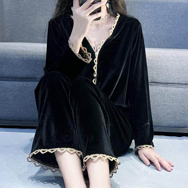 睡衣女春秋冬季金丝绒性感高端100%可外穿长袖两件套装家居服