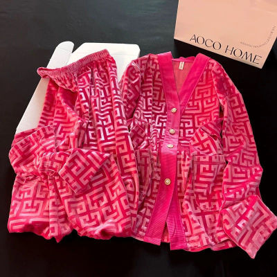 2025新款金丝绒睡衣女春秋季高级感长袖开衫爆款玫红格套装家居服