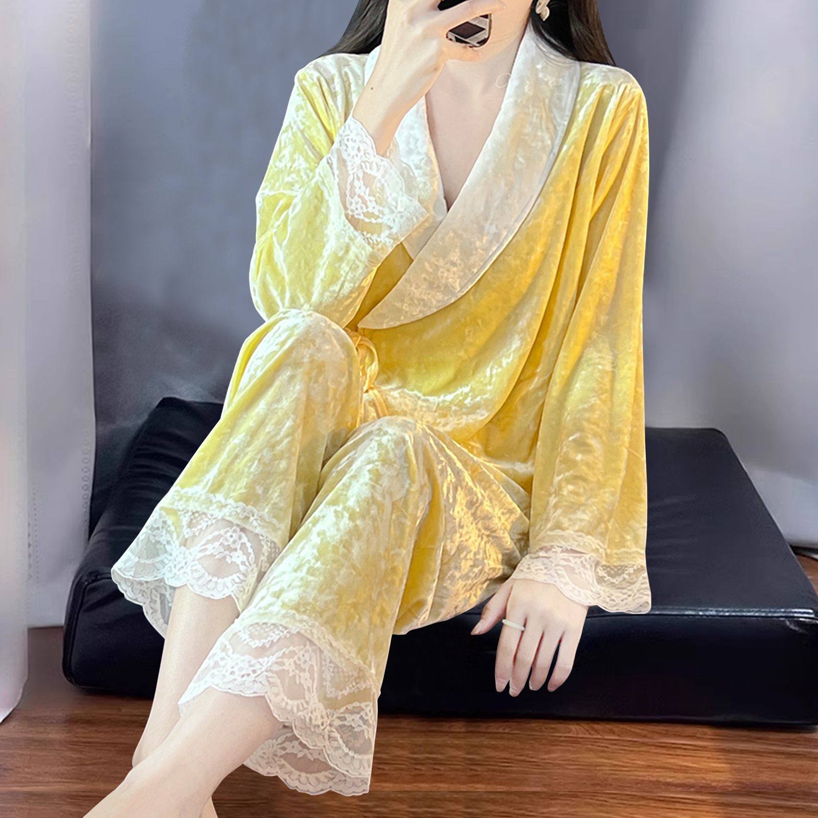 轻奢法式钻石丝绒睡衣女秋冬黄色蕾丝边家居服套装2025新款高级感