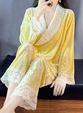 轻奢法式钻石丝绒睡衣女秋冬黄色蕾丝边家居服套装2025新款高级感
