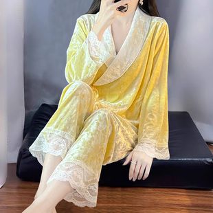 轻奢法式钻石丝绒睡衣女秋冬黄色蕾丝边家居服套装2025新款高级感