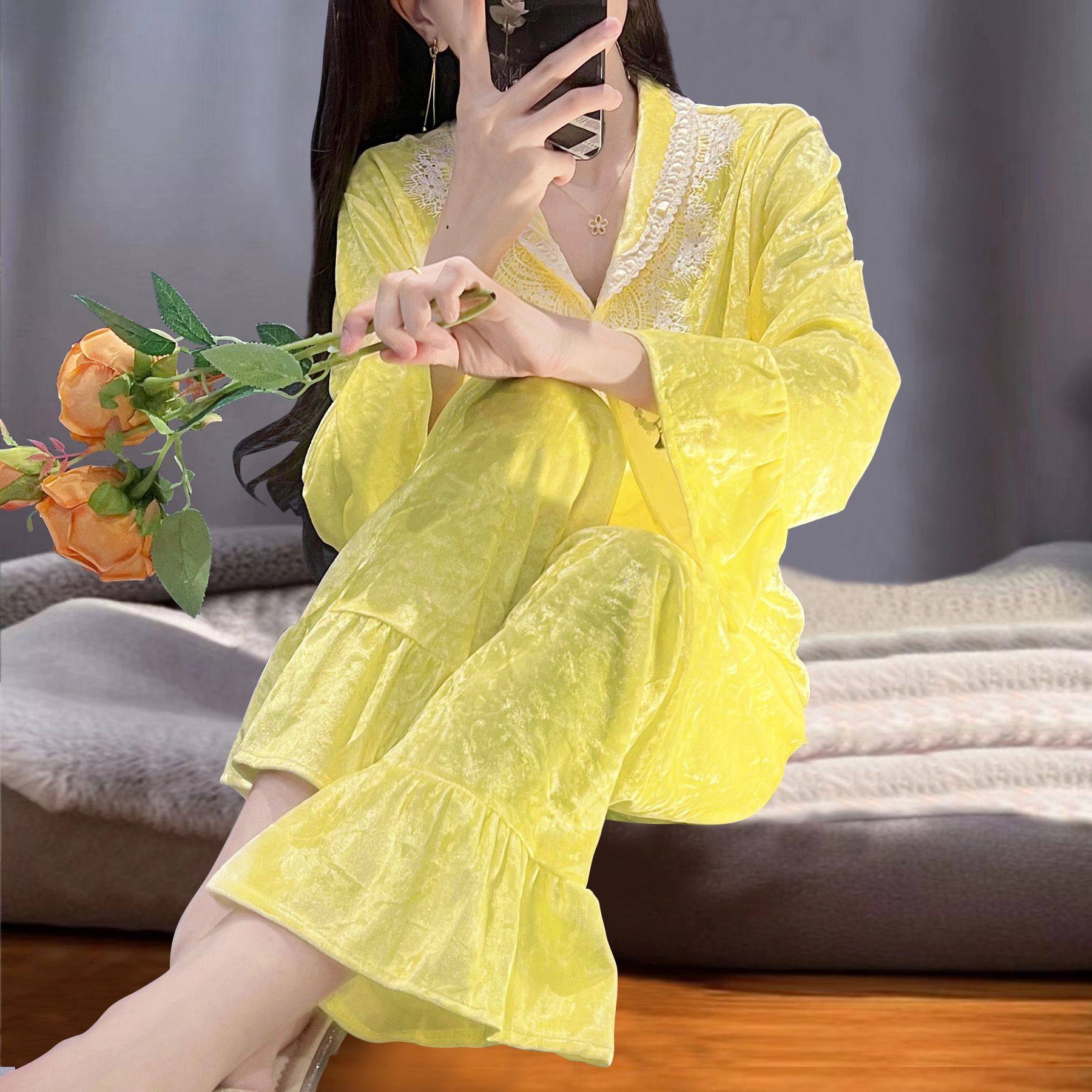 2025新款高级感轻奢风金丝绒睡衣女款秋冬季长袖春秋款开衫套装