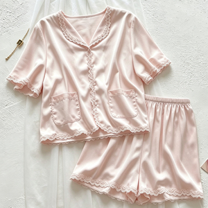 夏季冰丝睡衣女法式宫廷风短袖甜美公主薄款简约春秋季家居服套装