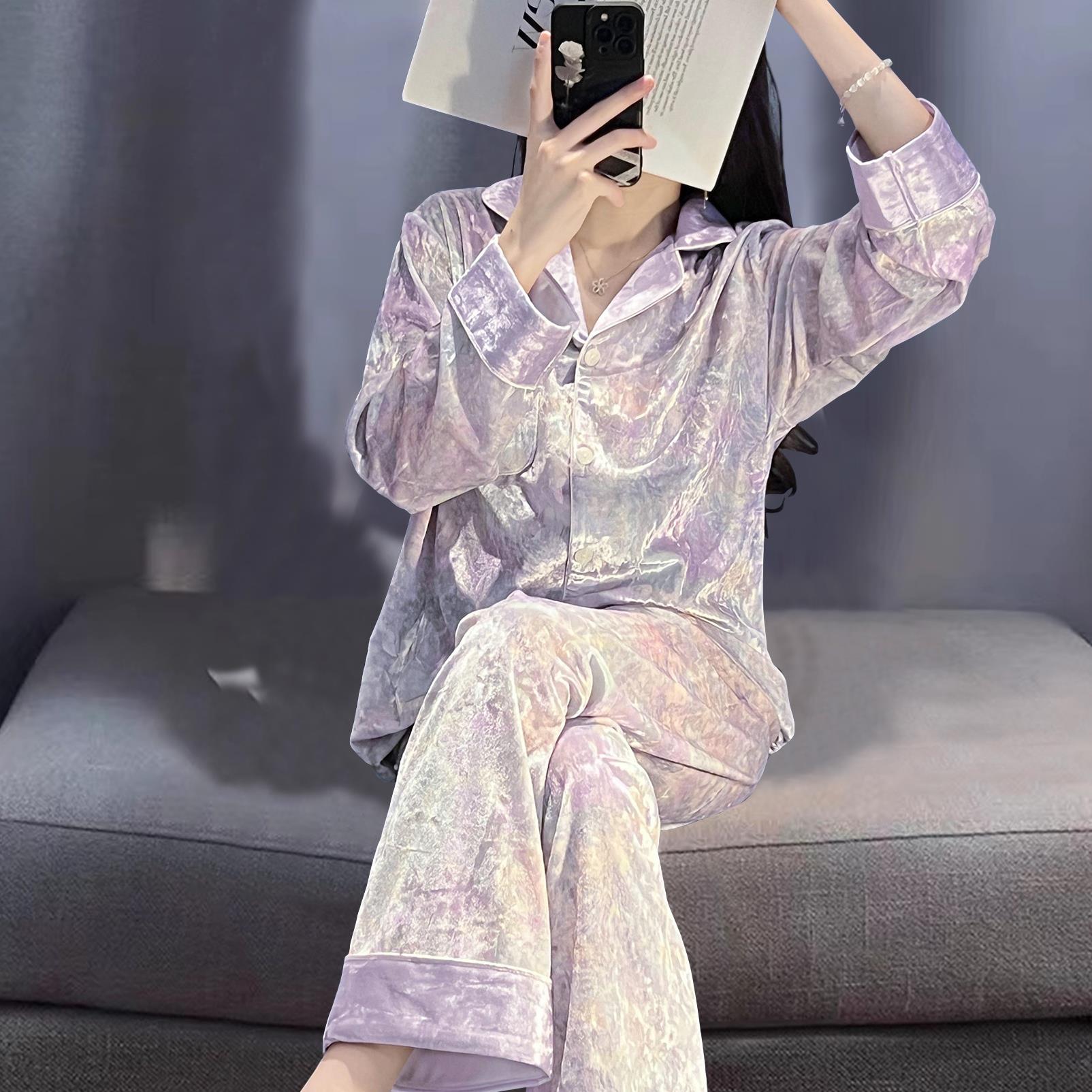 水墨彩钻石丝绒睡衣女秋冬长袖春秋家居服套装紫色2024新款高级感