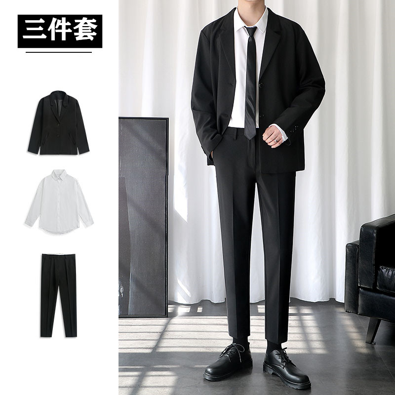 3春季西装套装男休闲韩版修身黑色西服西裤一套搭配帅气学生dk制服