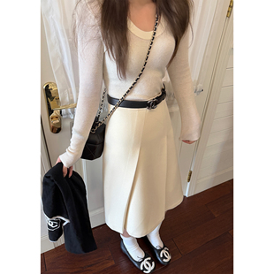 时髦秋精纺斜切褶Chao百搭羊毛中裙女冬季 裙裙 凹造型 Scout