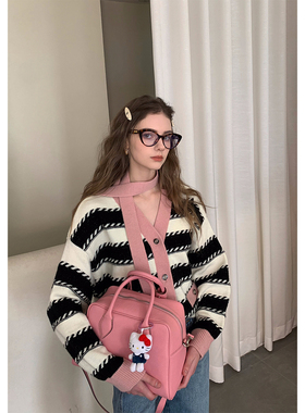 Scout coco秀款 早春海军风黑粉条纹毛衣针织开衫女V领短款毛衣