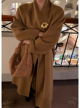 Scout Max风格 驼色880g秘鲁苏力羊驼绒加厚双面手工大衣女冬季