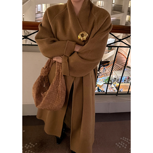Scout Max风格 驼色880g秘鲁苏力羊驼绒加厚双面手工大衣女冬季