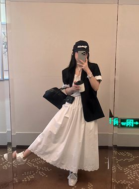 Scout 公主日记/黑色蕾丝西装外套+定制白月光连衣裙女夏季两件套
