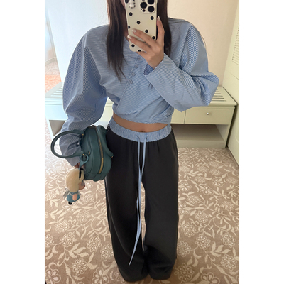 Scout 高智淡人ootd 绑带廓形条纹衬衫拼接空气裤百搭气质套装女