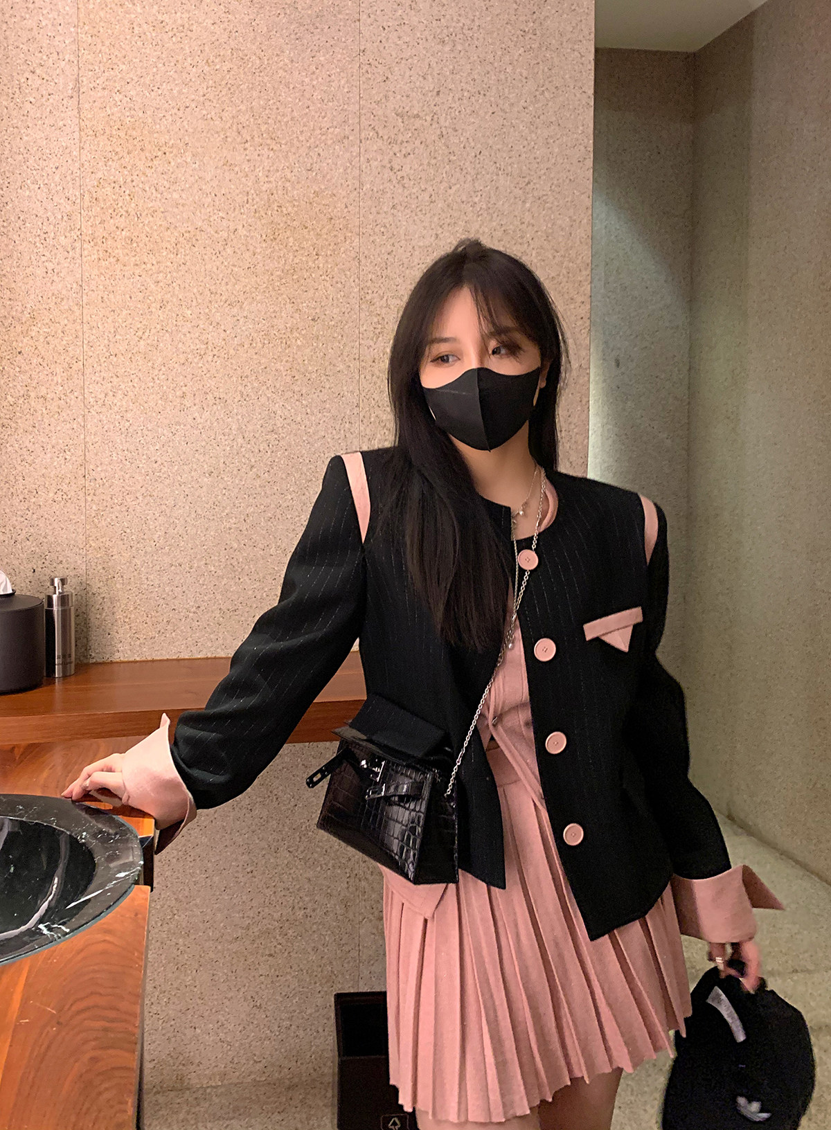 studioscout 生日派对套装女黑粉拼色小西装外套 吊带裙 两件套