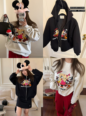 Scout 米奇家族party 早春做旧感印花套头卫衣/拉链卫衣外套女