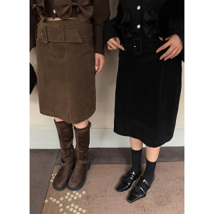 秋冬百搭中低腰复古麂皮直筒中裙半身裙女冬季 Scout 时髦欧尼