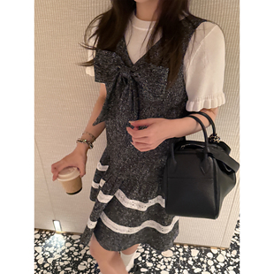 V领收腰裙子 Vtg中古珍藏小香蝴蝶结连衣裙女夏季 Scout 赫本配色