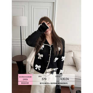 Scout Vtg香系 粗棒钩花镂空经典黑白撞色蝴蝶结装饰毛衣开衫女