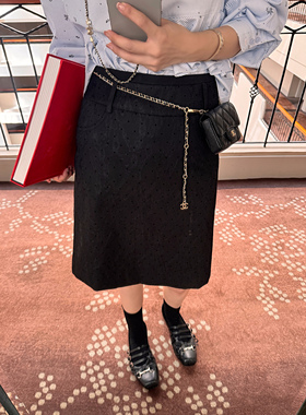 Scout 「可可西里」黑色蕾丝复合面料知性中裙半身裙女秋高腰裙子