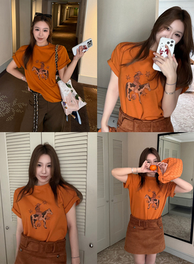 Scout 本命趣味图腾 bi入夏日活力感满满果汁橙色印花t恤女夏季