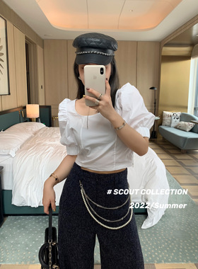 【Scout】 客供面料白色泡泡袖衬衫女夏季显瘦短款方领上衣