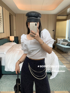 Scout 显瘦短款 客供面料白色泡泡袖 女夏季 方领上衣 衬衫