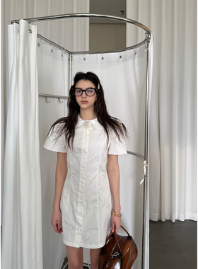 Scout 丁达尔法式 开版绣花面料设计感轮廓线衬衫裙女白色收腰裙