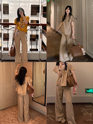 Scout 「艺术生」蝴蝶结绣花西装裤套装+黑色长裤女夏季两件套