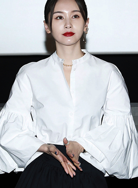 王子文明星同款白色喇叭袖立领衬衫女高端时尚纯棉长袖百搭上衣
