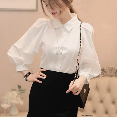 灯笼袖多扣修身纯棉长袖衬衫韩版