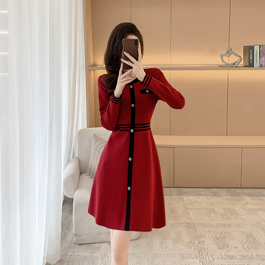 韩国气质小香风针织毛衣连衣裙秋冬小个子本命年订婚圣诞节小红裙