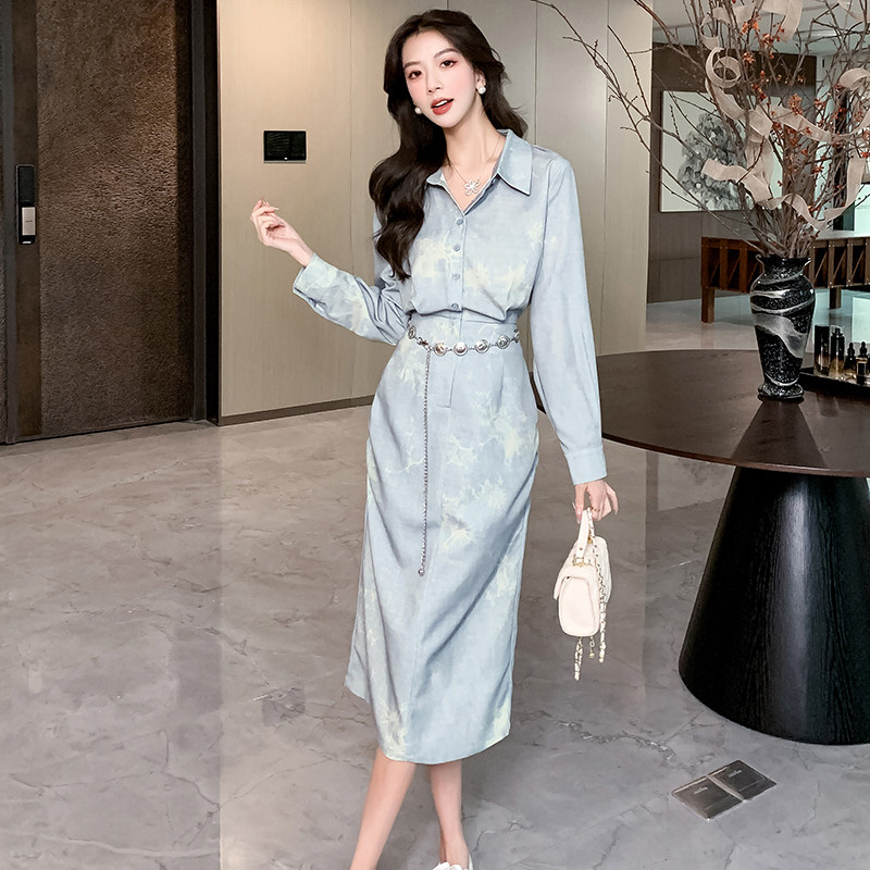 新品 2025秋季新款复古港风扎染感衬衫领腰链收腰连衣裙,女装/女士精品,连衣裙,淘宝优惠券,粉丝福利购,淘宝优惠卷