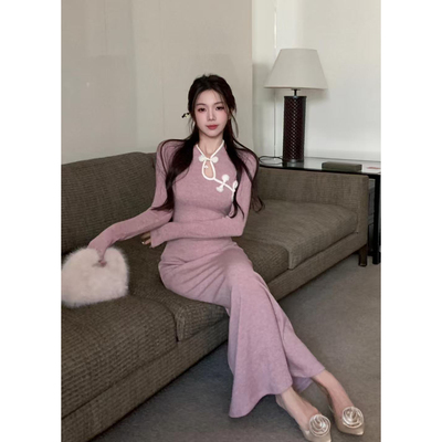 新中式国风改良旗袍针织连衣裙女秋冬新款气质高级感收腰复古裙子