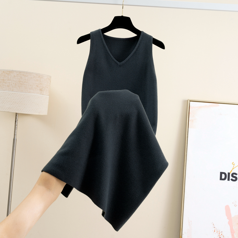 韩国中长款V领加厚针织连衣裙女秋冬无袖内搭背心过膝毛衣打底裙